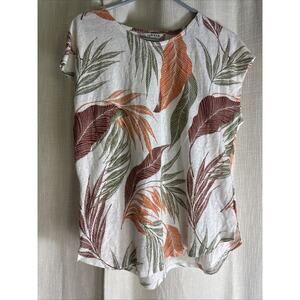 ORVIS Women's Leaf Print Linen Blend Short Cap Sleeve Shirt Multi Color Sz L